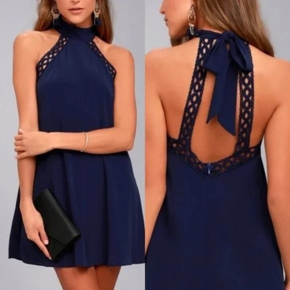 Lulus any sway shape or form swing dress‎ size small blue open back high neck